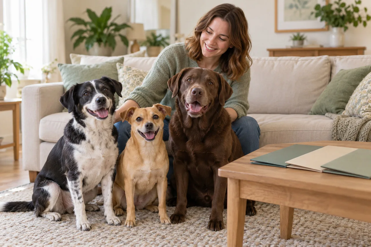 Three distinct dogs, black-and-white, tan and chocolate-brown, sitting beside their owner at home
